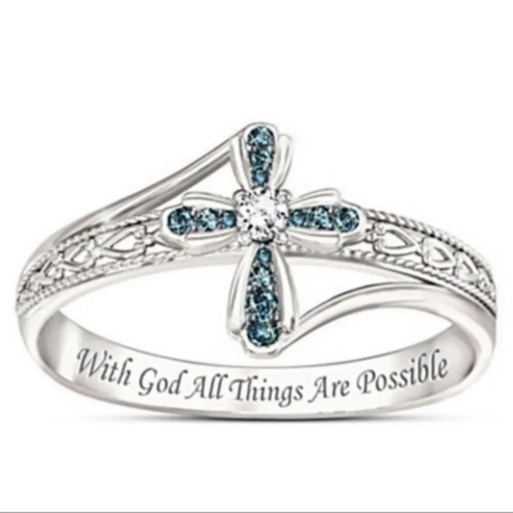 BLUE AND WHITE RHINESTONE CROSS RING - Picture 5 of 5
